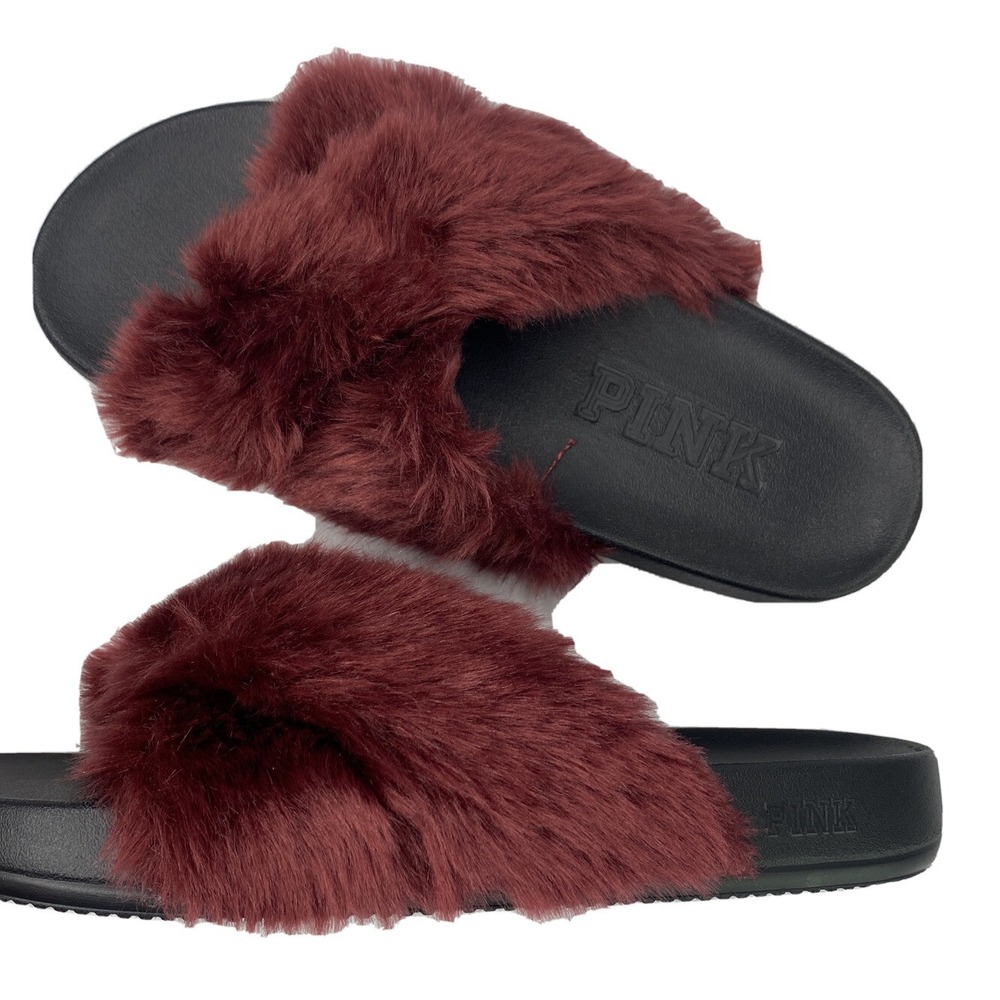 Victorias Secret PINK Ruby Criss Cross Faux Fur Slide Sandals Womens S 5 6 New